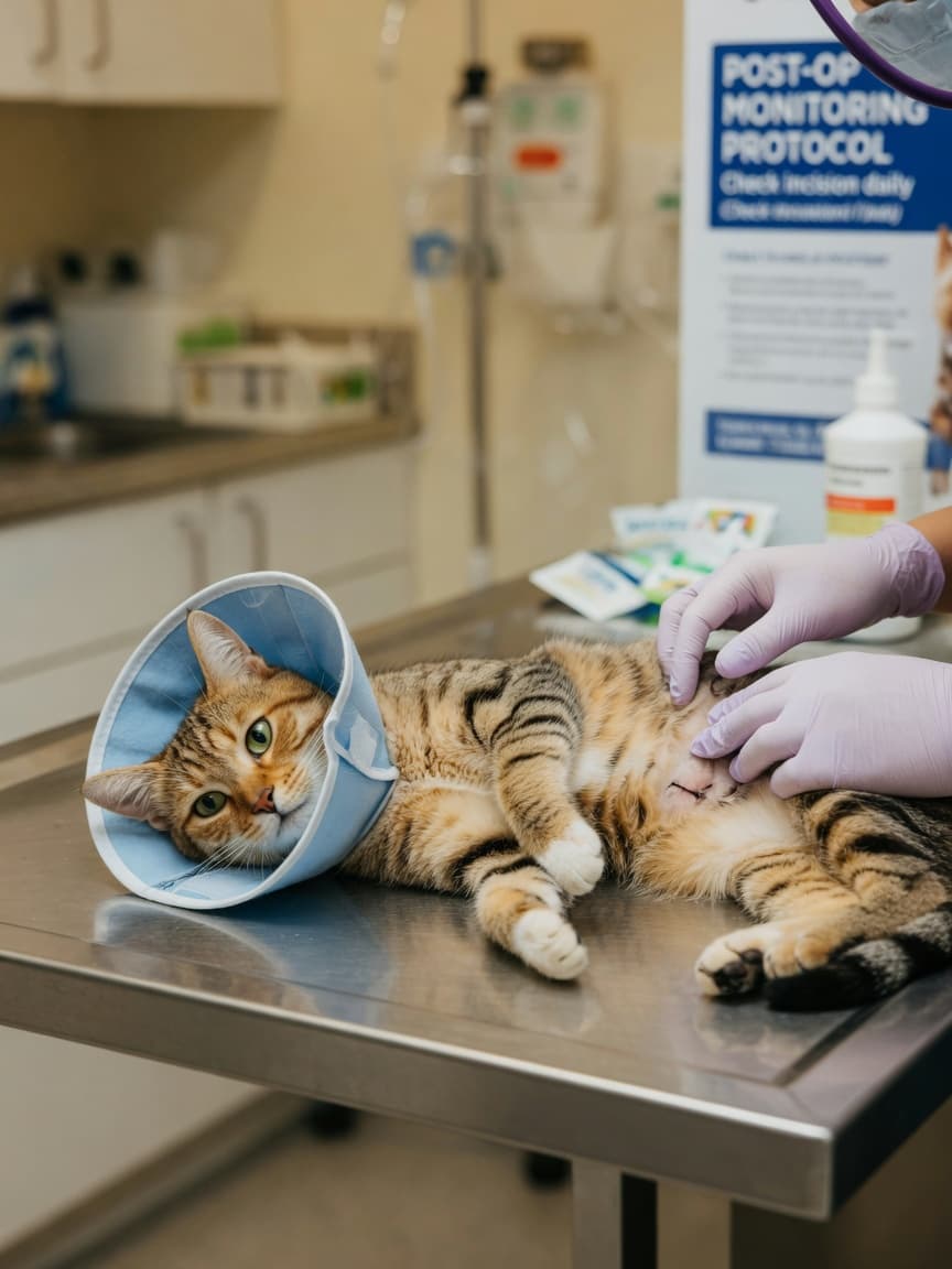 Female tabby cat wearing recovery cone on veterinary examination table during post-operative check with veterinarian's gloved hands