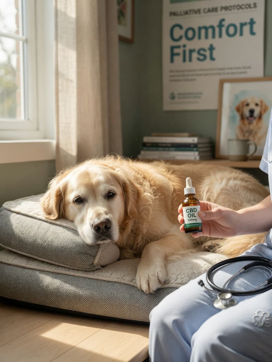 Senior golden retriever resting on an orthopedic bed while a veterinarian holds an amber CBD oil bottle nearby, illustrating palliative care for cancer symptom management