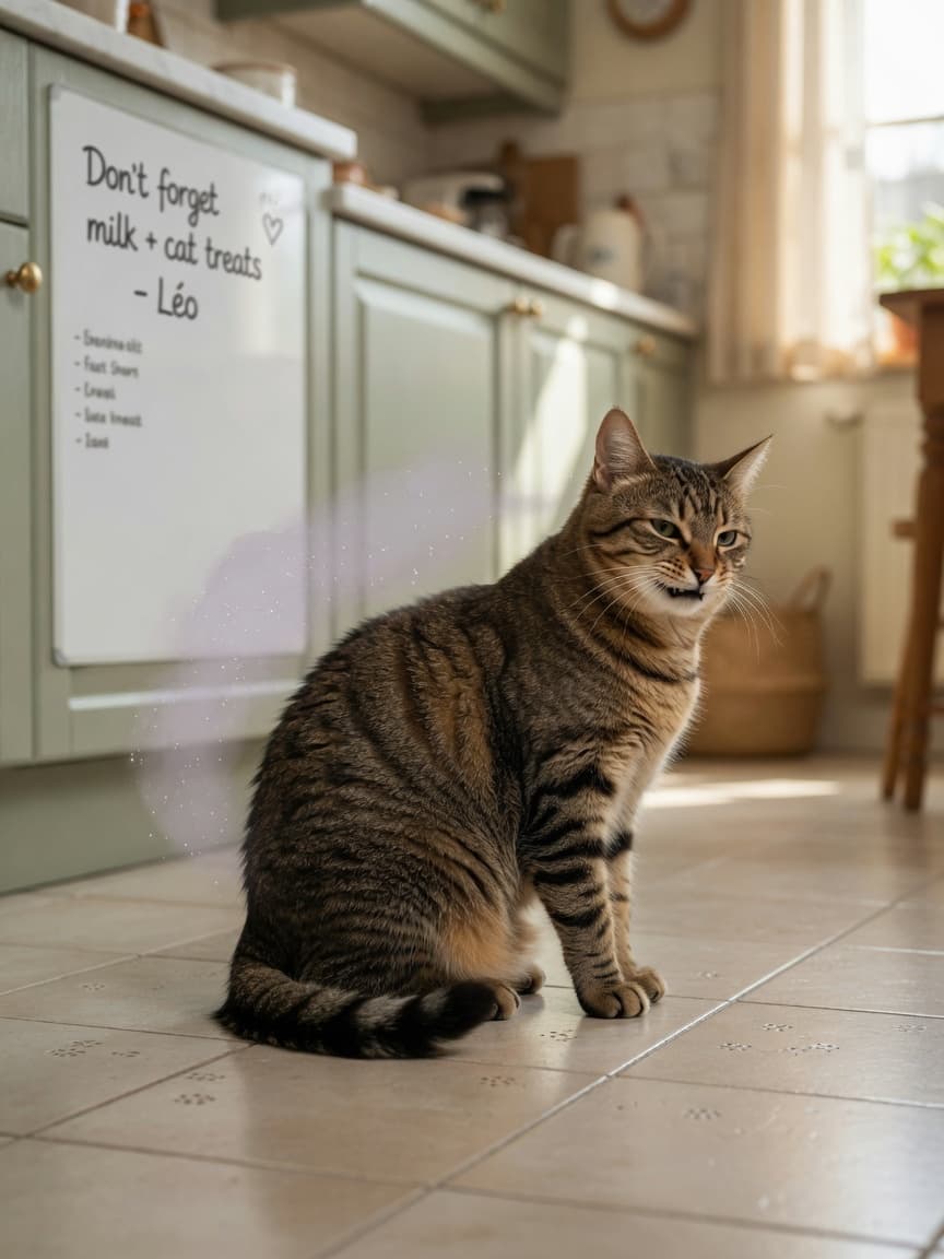 A tabby cat on a kitchen floor with an embarrassed expression, humorously depicting feline flatulence