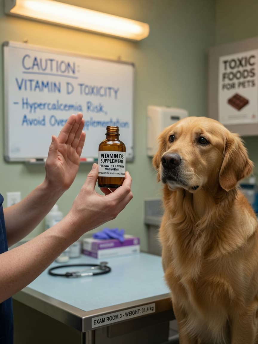 Veterinarian cautioning against Vitamin D supplement bottle with dog on exam table