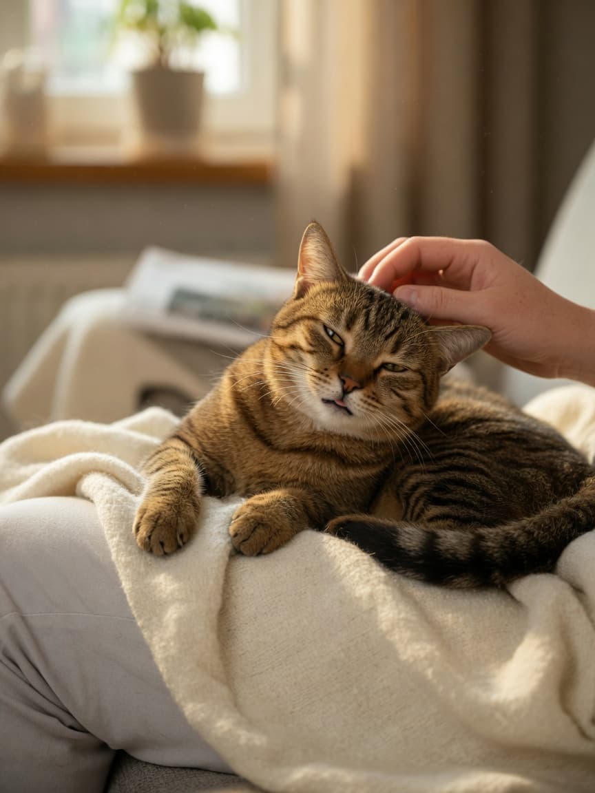 A content tabby cat purring on a person's lap while being gently stroked, illustrating the complex nature of cat purring beyond simple happiness