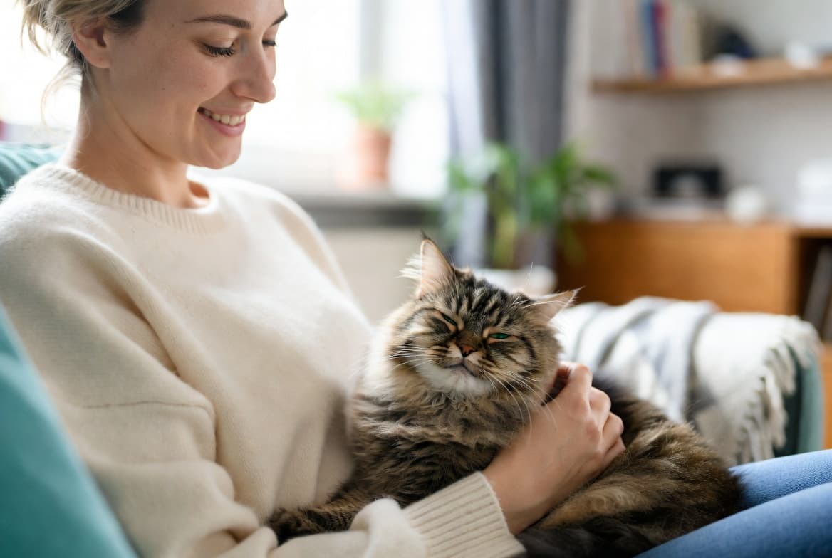 A person cuddling their cat at home on the couch