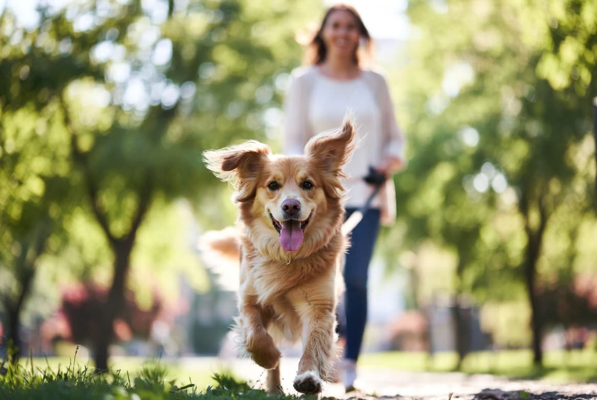 A dog running alongside its owner on a walk in the park