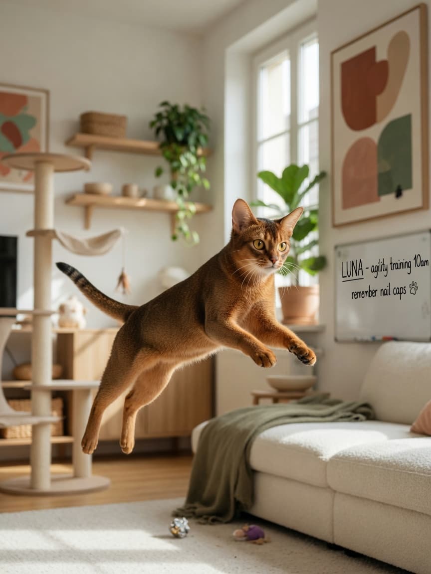 Abyssinian cat mid-leap across living room shelving, demonstrating the breed's athletic energy and agility