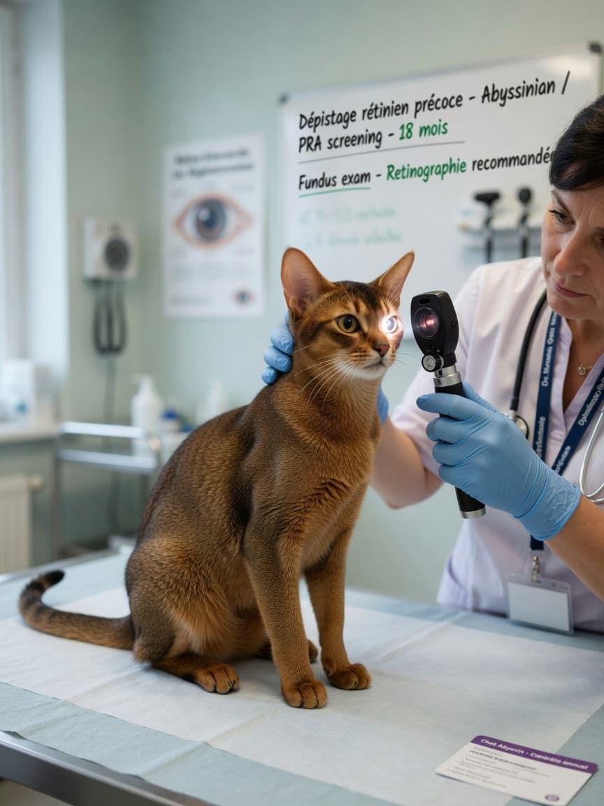Abyssinian cat receiving professional eye examination from veterinary ophthalmologist