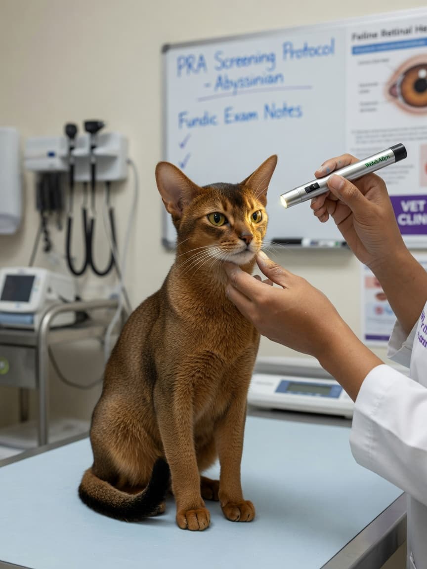Abyssinian cat undergoing ophthalmologic examination by veterinarian at clinic