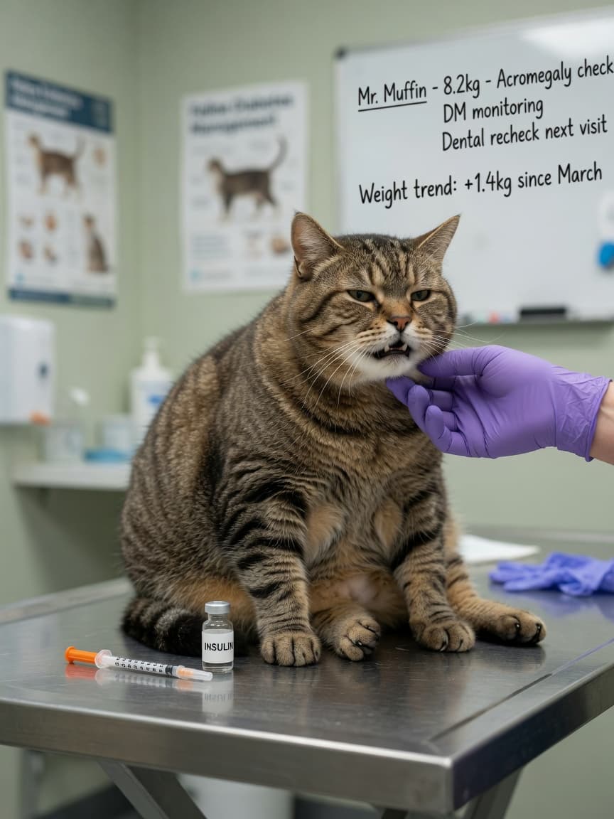 Veterinarian examining enlarged face and jaw of diabetic cat with acromegaly on examination table with insulin syringe nearby