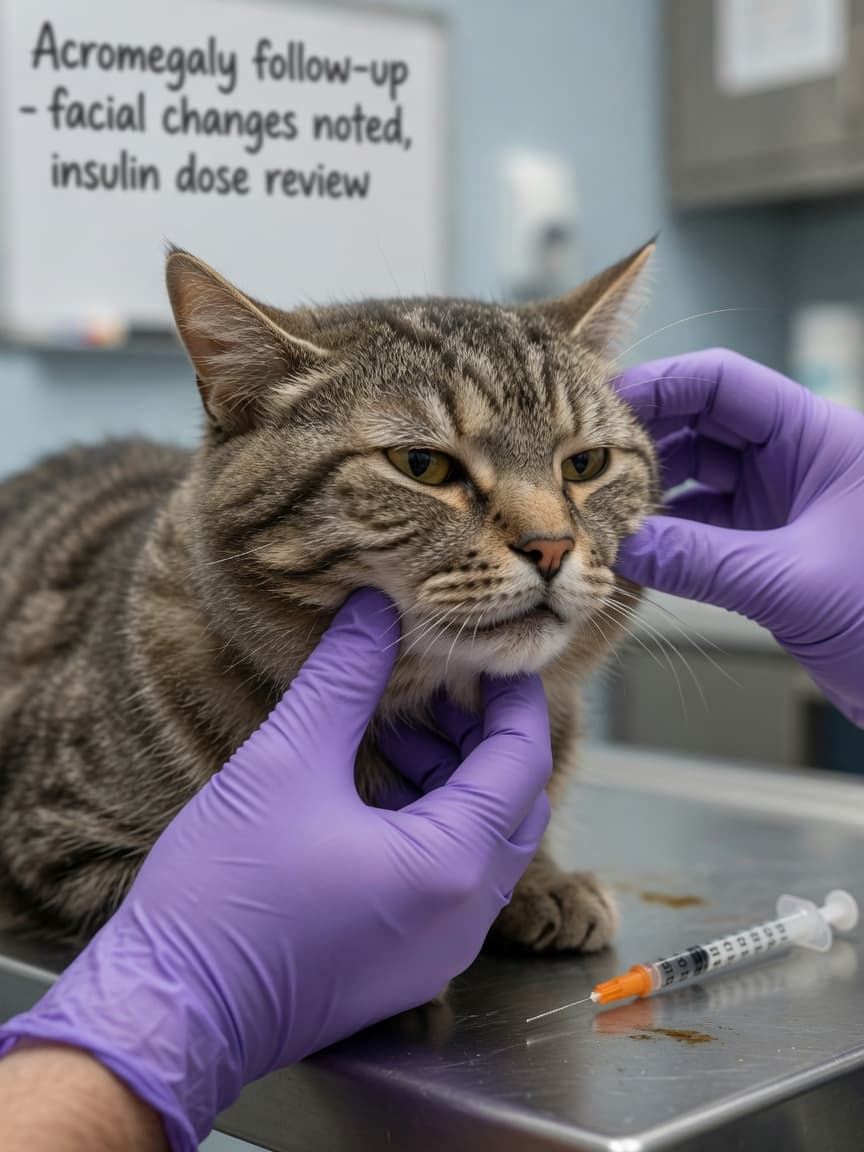 Close-up of a cat's face during veterinary examination showing facial changes associated with acromegaly, with an insulin syringe on the examination table
