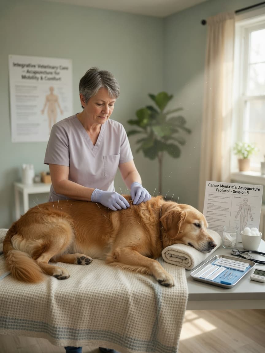 Veterinarian performing acupuncture treatment on a golden retriever in a clinical setting