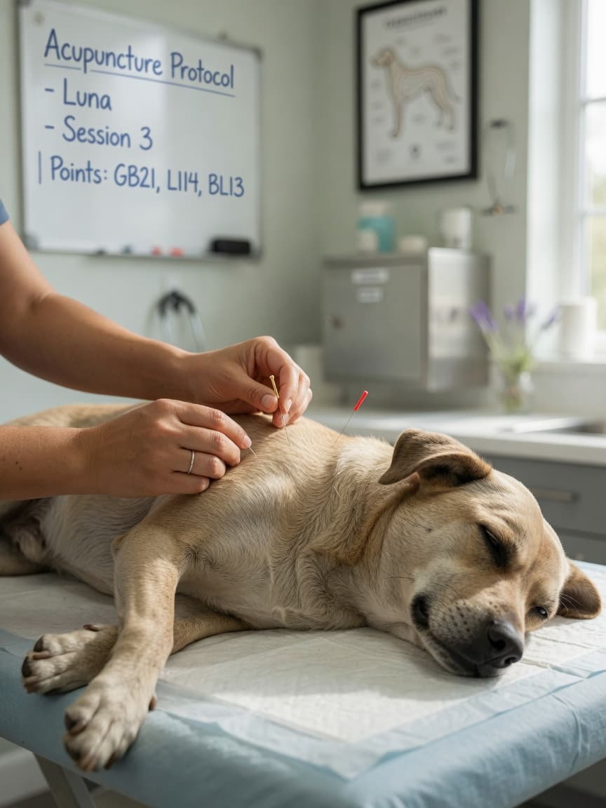 Veterinary acupuncturist inserting fine needle into relaxed dog's shoulder during treatment session