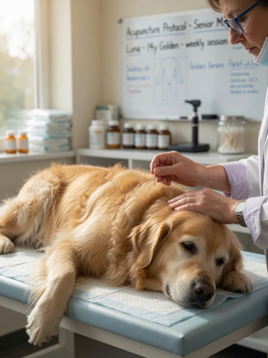 A calm golden retriever receiving acupuncture treatment from a qualified veterinarian in a professional clinic setting, showing the fine needle placement on the dog's shoulder.