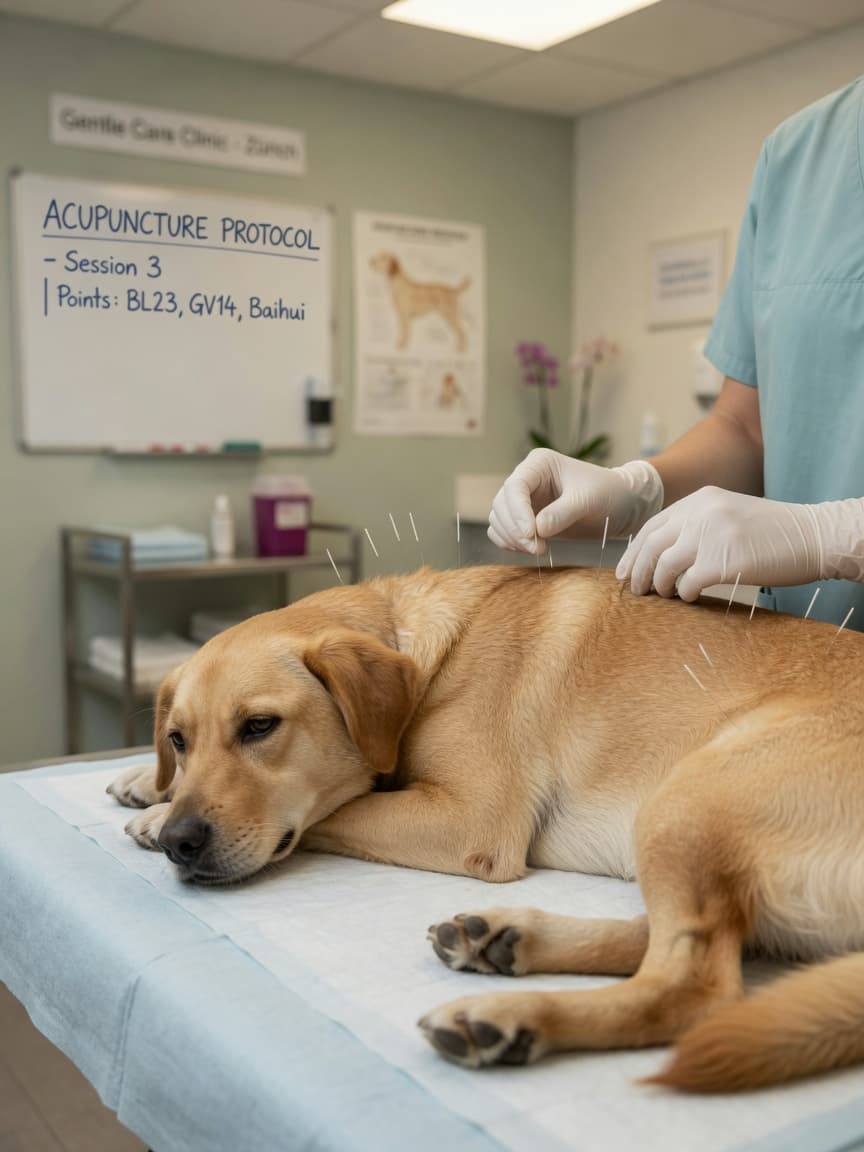 Veterinary surgeon performing acupuncture treatment on a relaxed dog, with fine needles positioned along the dog's back during a clinical session.
