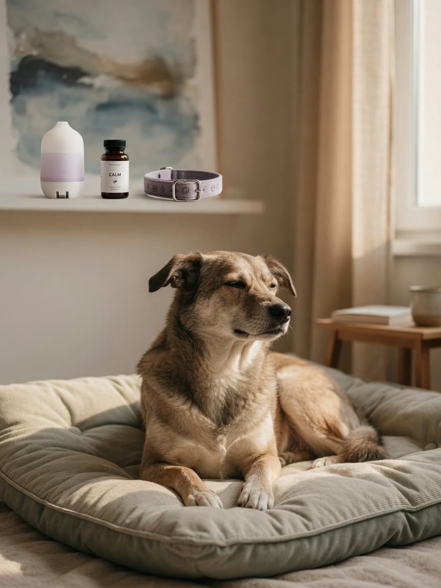 A peaceful dog resting on a bed with calming products subtly visible in the background