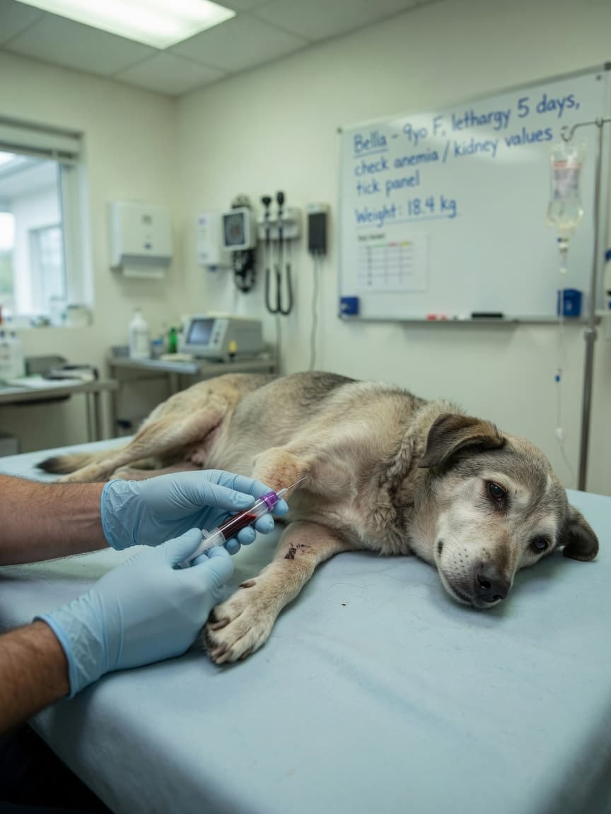 Veterinarian drawing blood from a lethargic dog during diagnostic examination for Addison's disease
