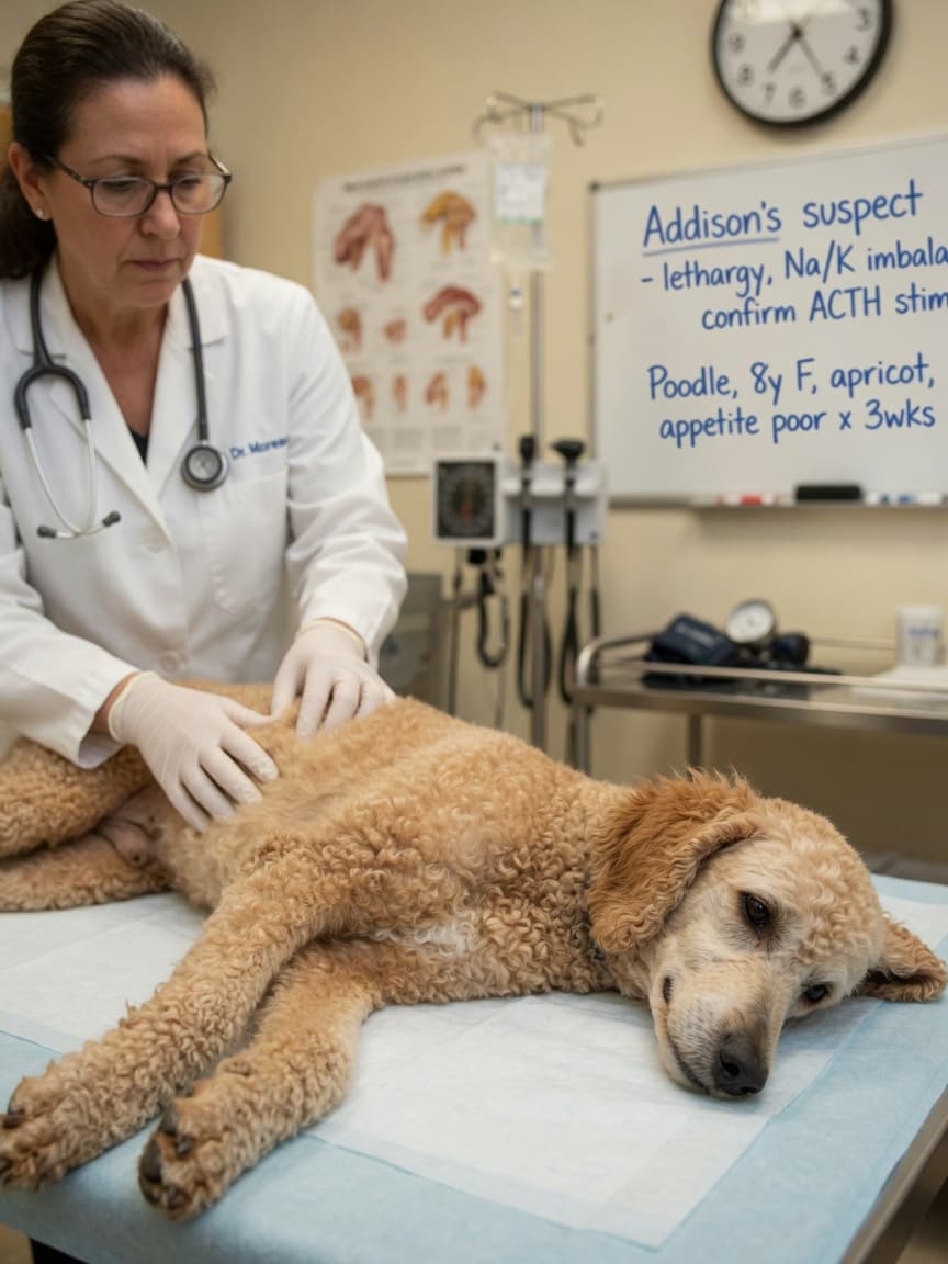 A lethargic Standard Poodle undergoing abdominal examination by a veterinarian in a clinic setting, representing the vague symptoms of Addison's disease.