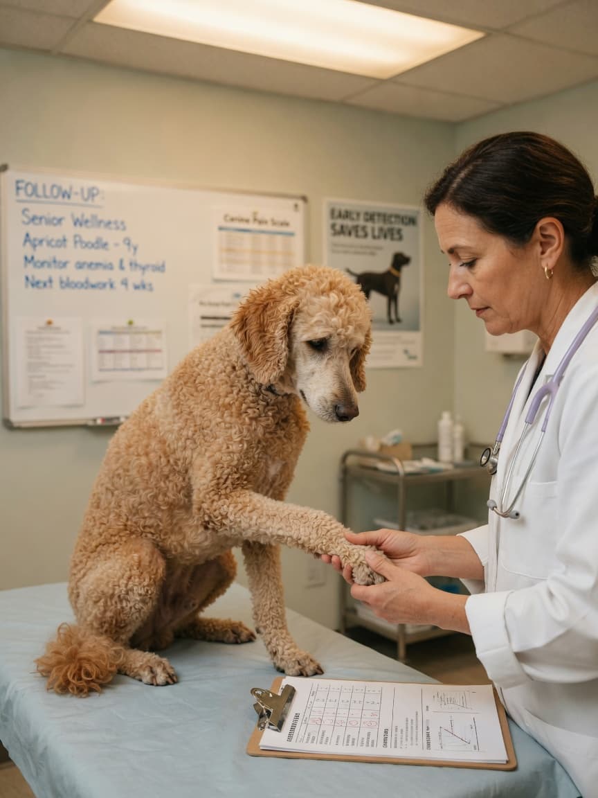 Lethargic Standard Poodle sitting on veterinary examination table with vet reviewing patient information