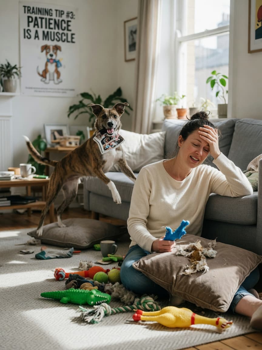 Frustrated dog owner sitting on floor surrounded by toys and chewed cushion, with adolescent dog jumping on furniture in the background