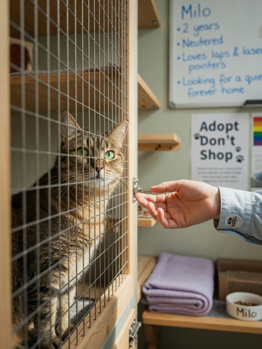 A hopeful tabby cat in a rescue shelter enclosure with a volunteer's hand extended nearby, waiting for adoption
