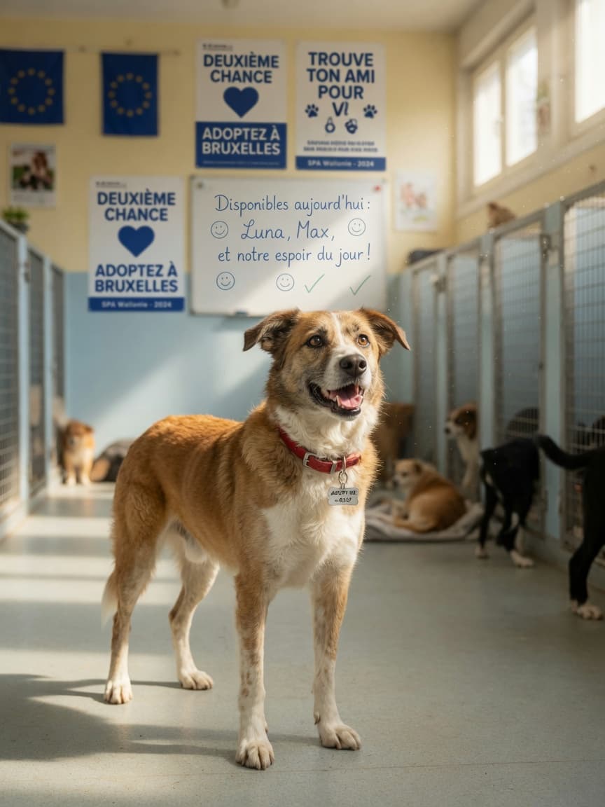 A hopeful rescue dog standing in a bright European animal shelter, symbolizing adoption and second chances