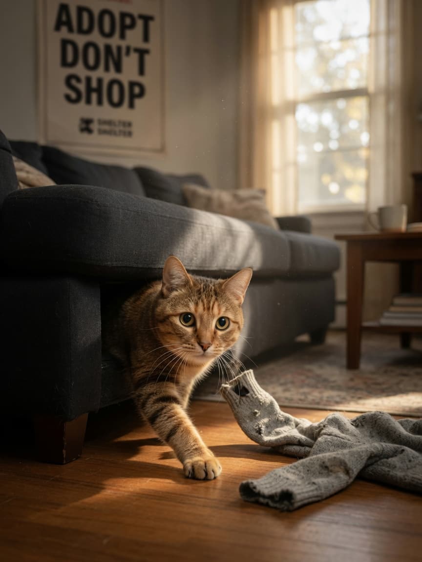 A rescue tabby cat cautiously peeking out from under a sofa in a sunlit living room, showing cautious body language typical of newly adopted cats adjusting to their new home.