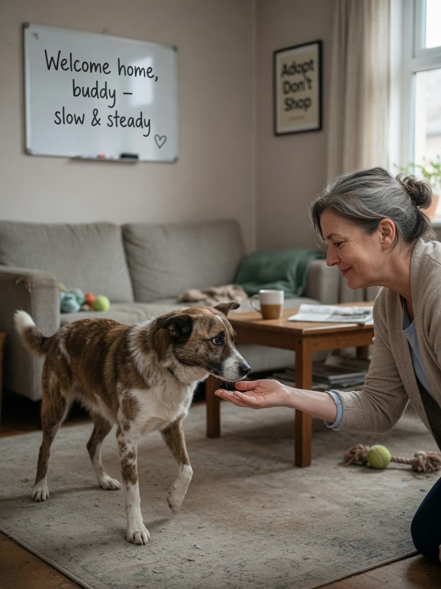 A woman gently introducing herself to a nervous rescue dog, showing patience and calm connection during first meeting
