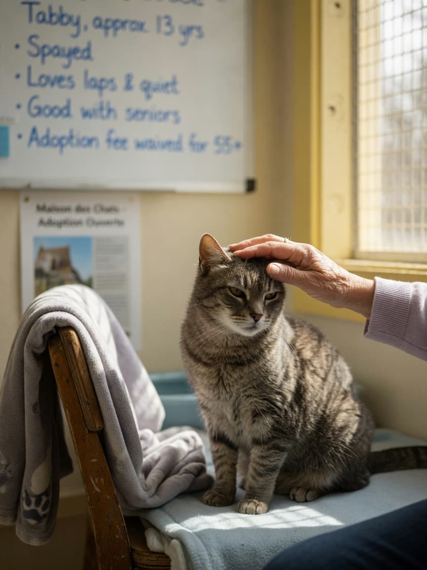 An elderly woman gently petting a calm senior tabby cat in a bright shelter room, warm afternoon light streaming through the window, both appearing peaceful and connected.