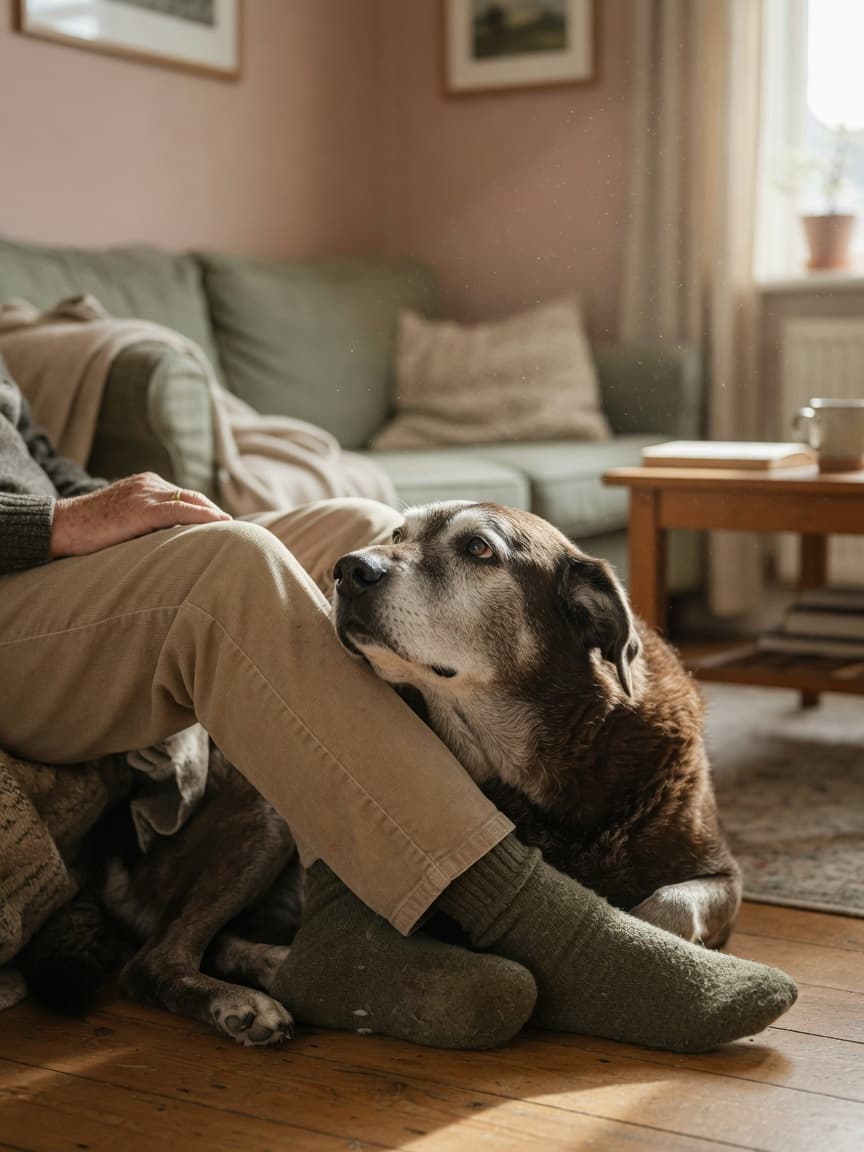 An elderly dog with grey facial markings leaning affectionately against an older person's leg in a sunlit living room, illustrating the bond formed with senior rescue dogs