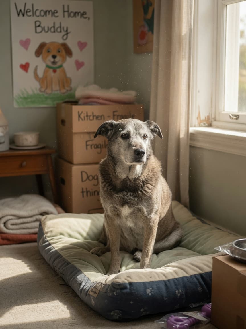 Senior dog resting on orthopaedic bed in calm home space during first days of adoption