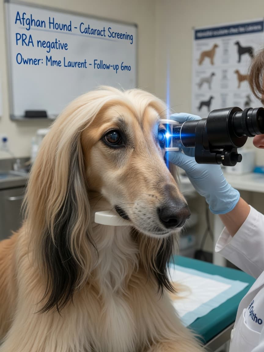 Veterinary ophthalmologist examining an Afghan Hound's eye with a slit lamp to check for cataracts during a clinical examination