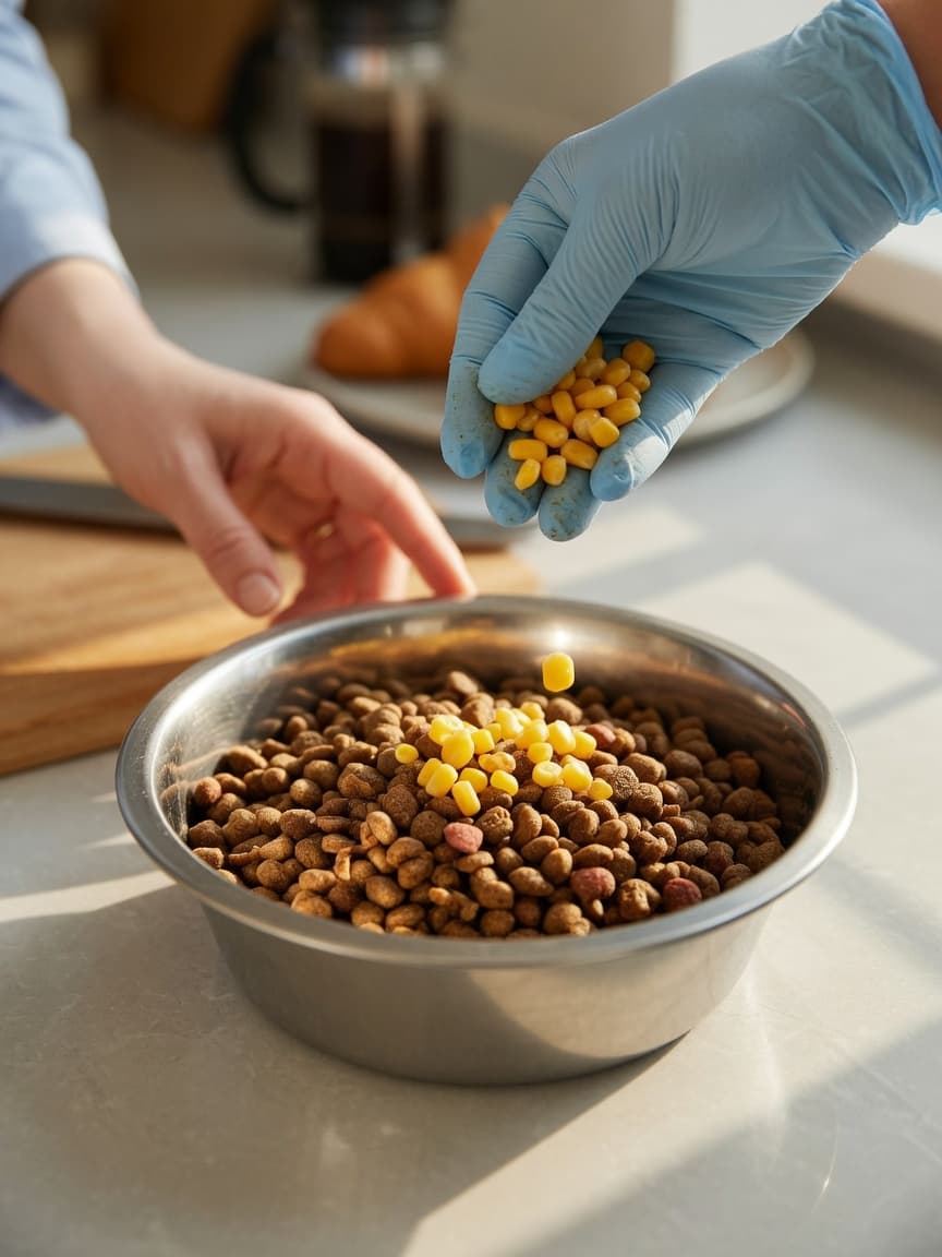 Overhead view of dog food kibble in a bowl with a veterinarian's gloved hand holding corn kernels above it, illustrating the risk of aflatoxin contamination in pet food ingredients
