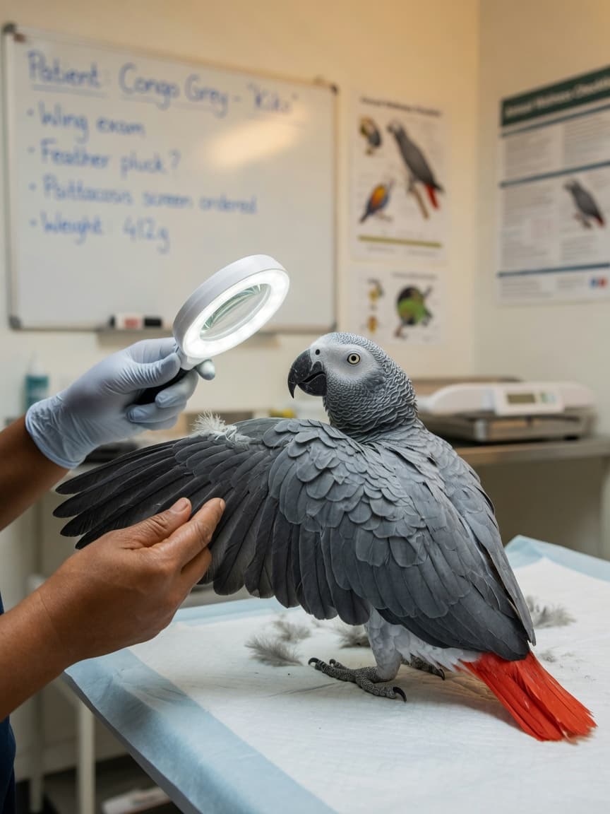 African grey parrot being examined by an avian veterinarian during a health check