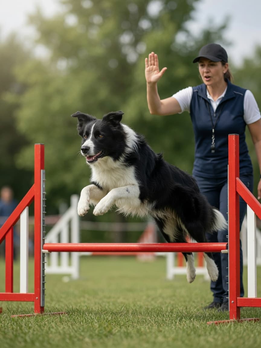 Athletic Border Collie mid-jump over a red agility obstacle with handler nearby