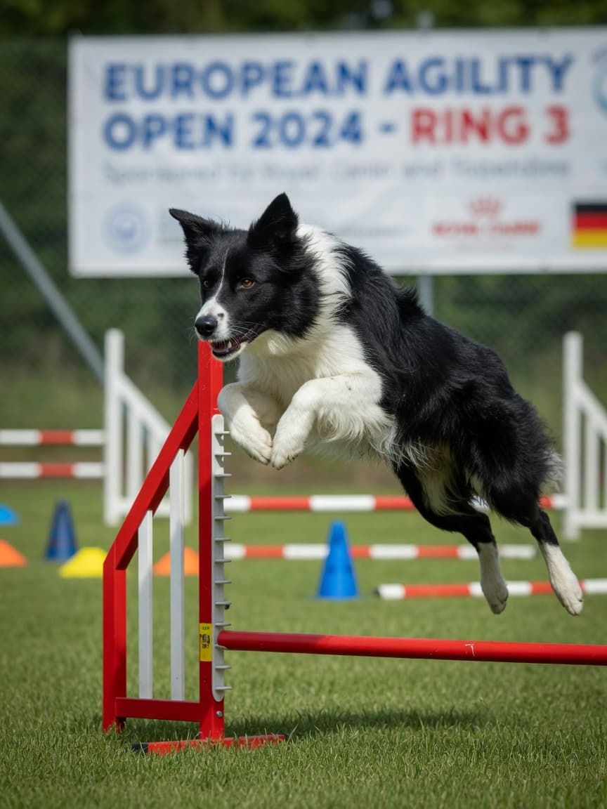 Athletic Border Collie leaping over red jump obstacle during agility training
