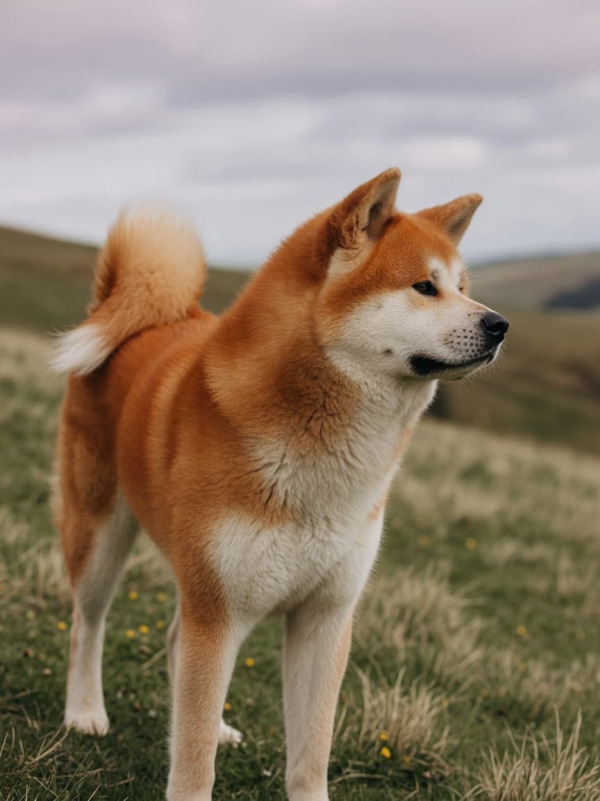 A dignified Akita with red and white coat standing alert on a hillside, embodying the breed's noble temperament and powerful build.
