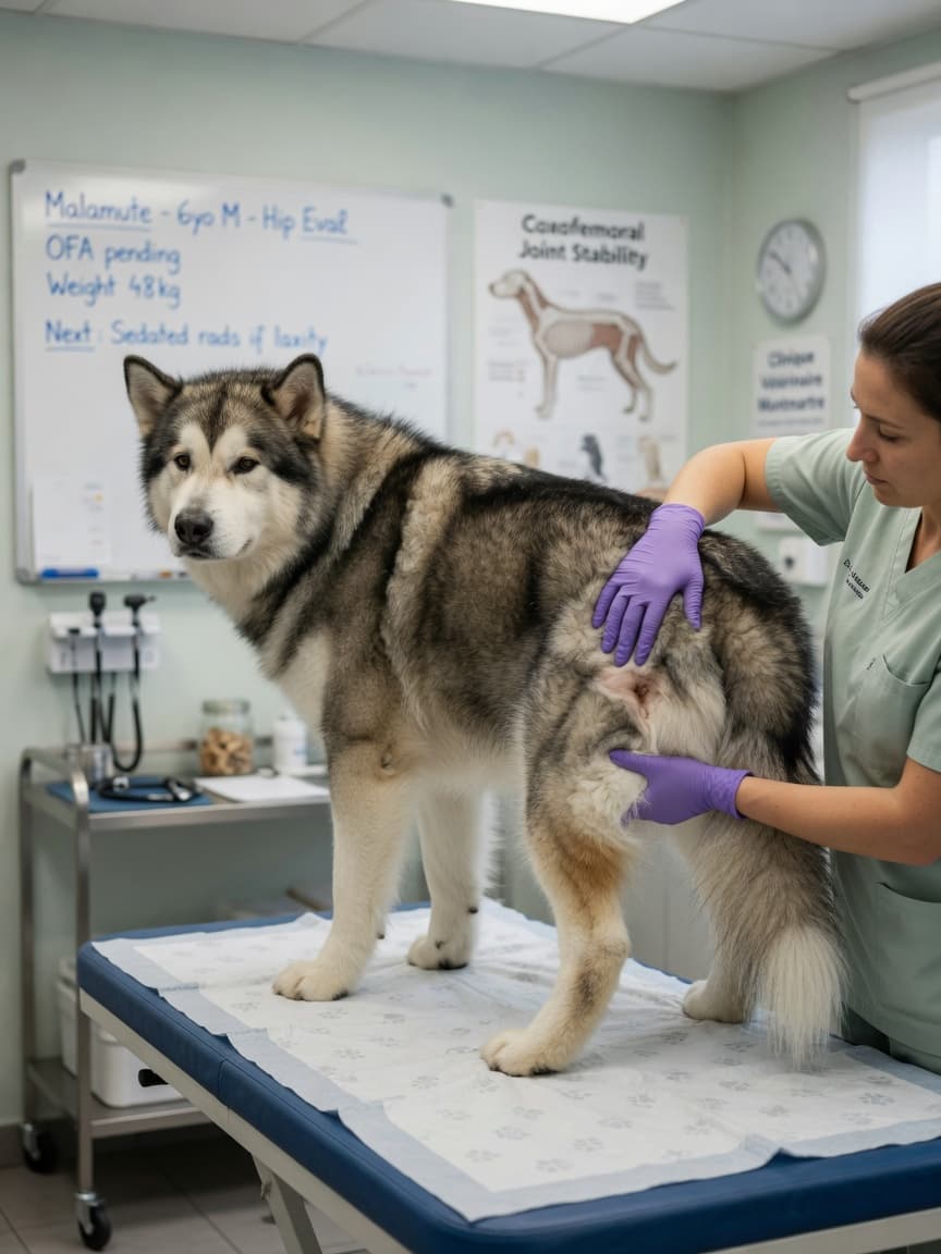 Veterinarian examining hip joint stability of a large Alaskan Malamute during physical examination at a clinic