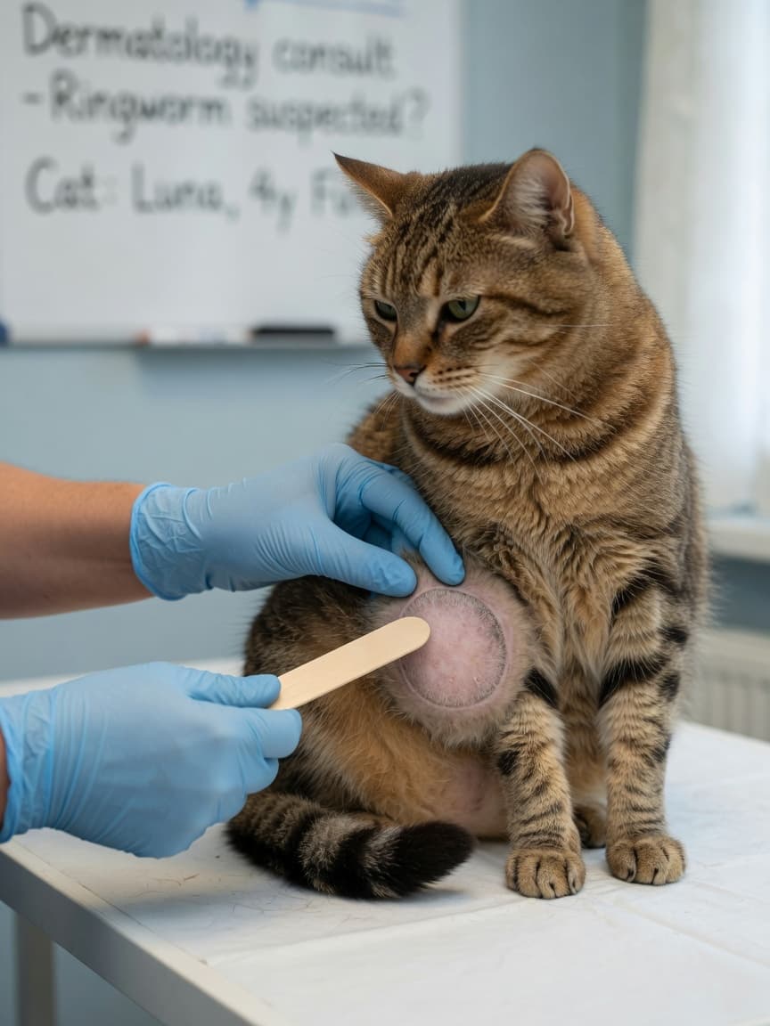 Veterinarian examining a tabby cat's bald patch on the abdomen during a dermatology examination