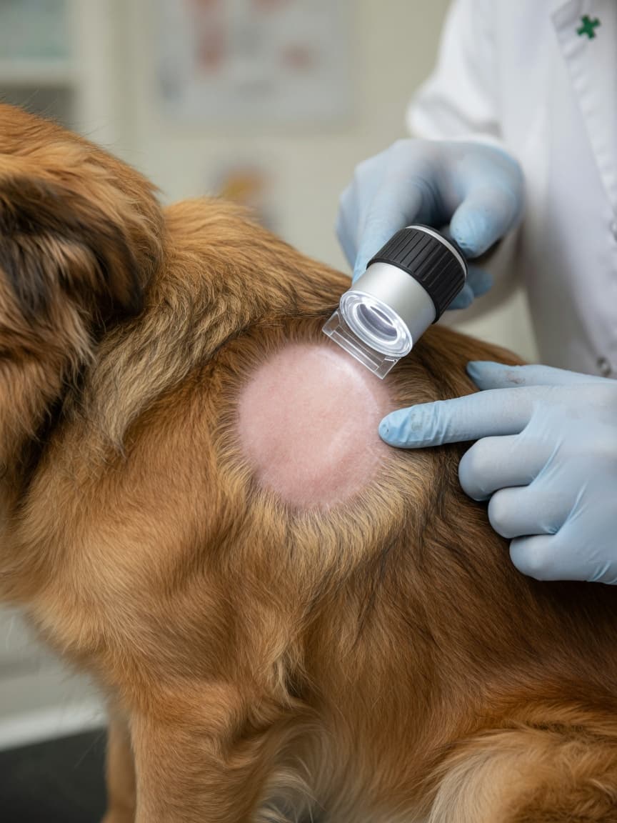 Veterinarian examining a dog's bald patch on its flank with a dermatoscope