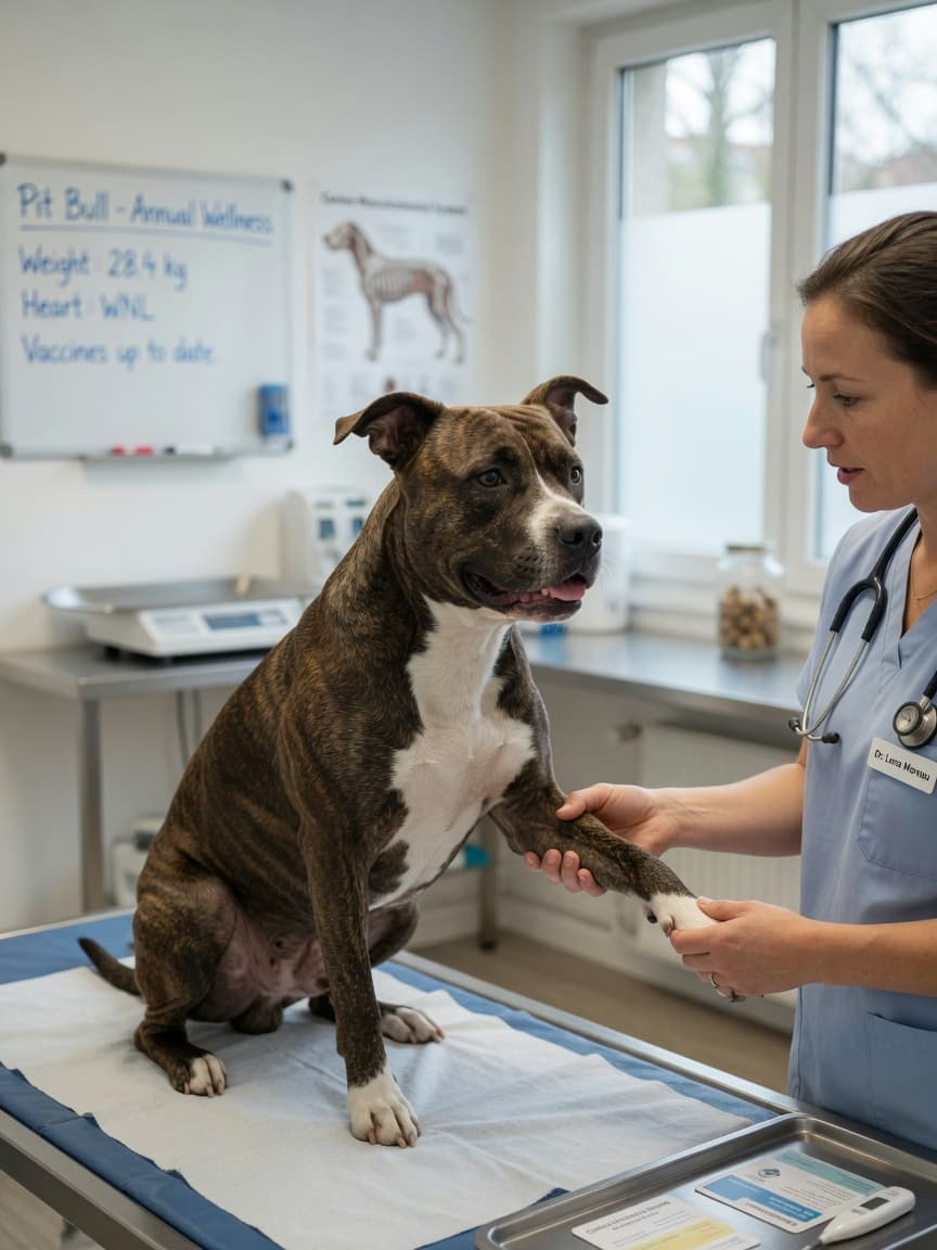 American Pit Bull Terrier undergoing veterinary health examination with vet checking leg during breed health screening