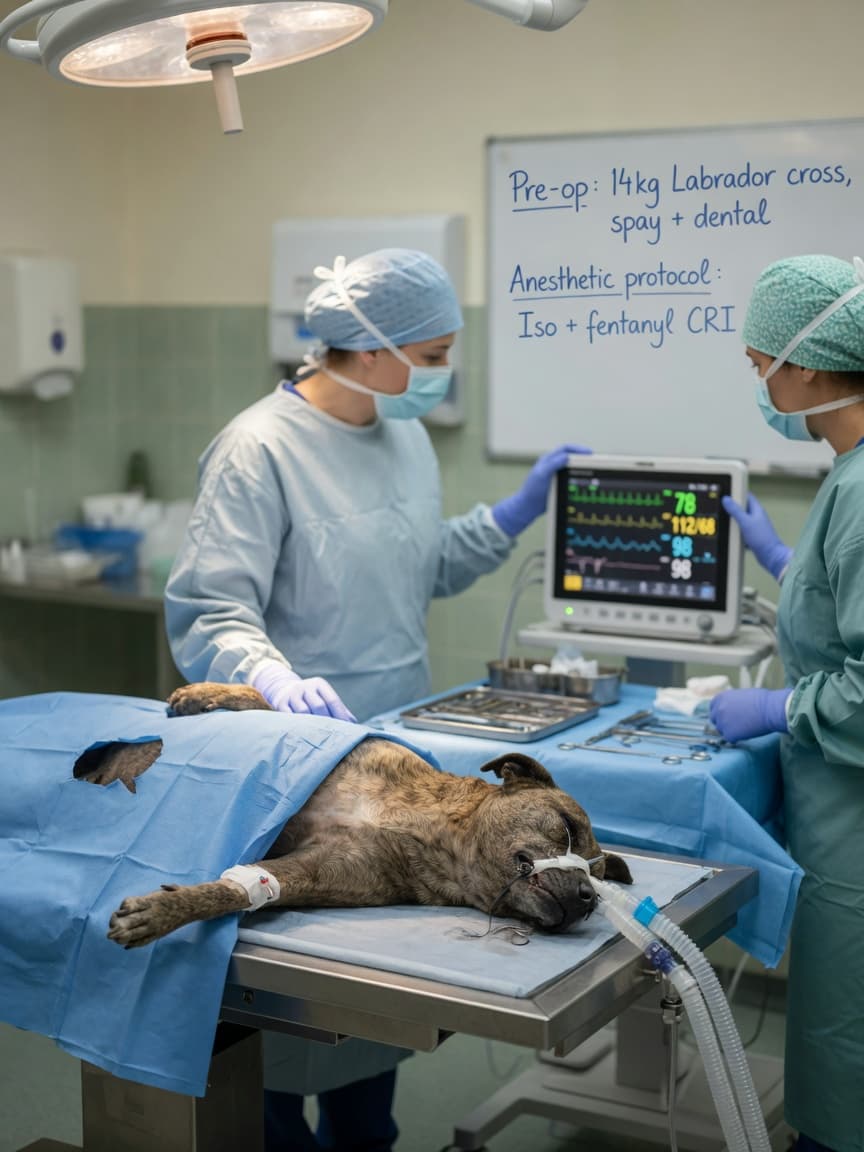 Veterinary surgical theatre with dog under anaesthesia on operating table, anaesthetist monitoring vital signs during procedure