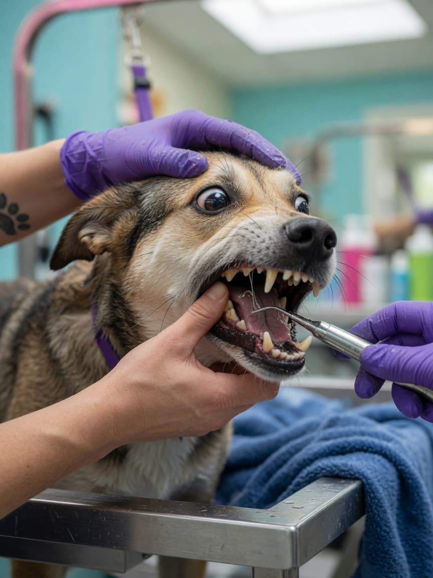 Stressed dog being restrained during anesthesia-free dental cleaning with scaler visible against its teeth