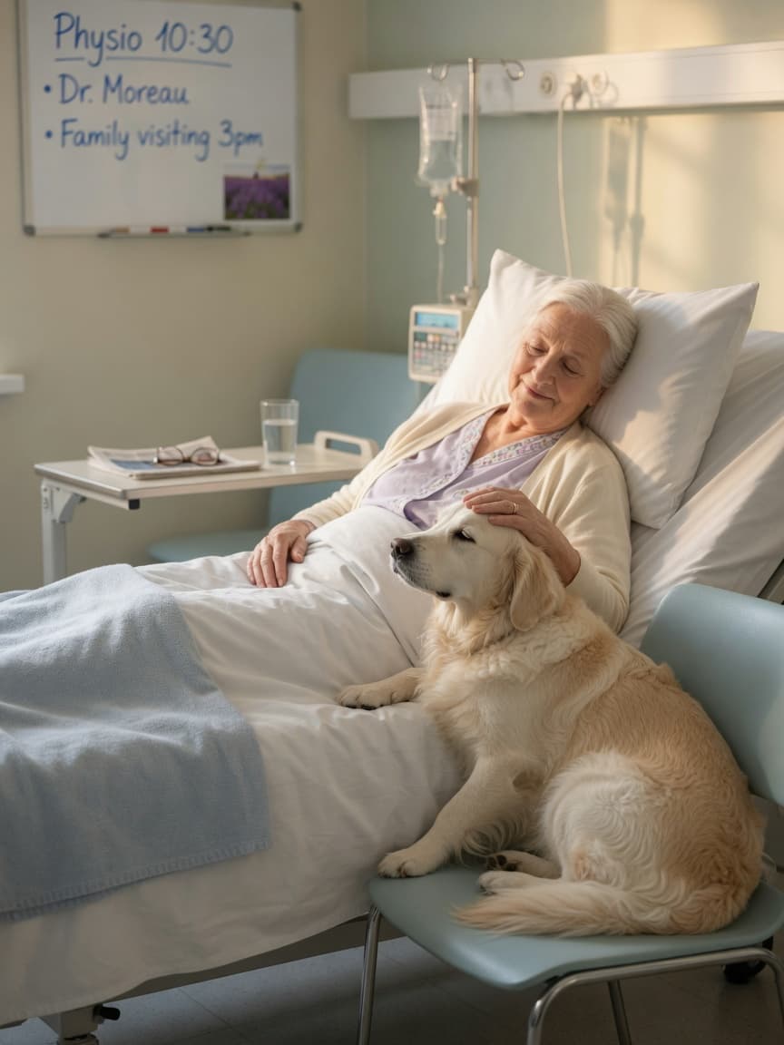 A trained therapy dog comforting a patient in a hospital setting, demonstrating animal-assisted therapy