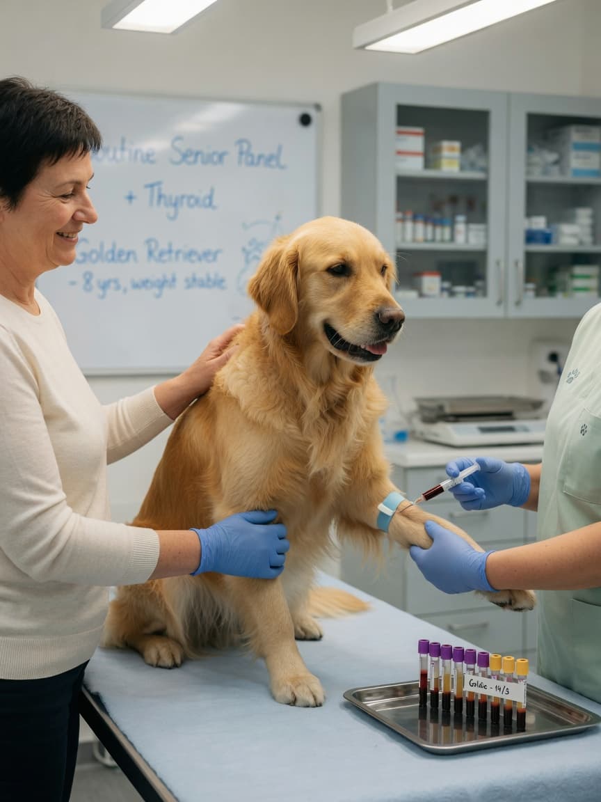 Veterinarian drawing blood from a calm Golden Retriever during annual health screening, with collection tubes visible on a medical tray