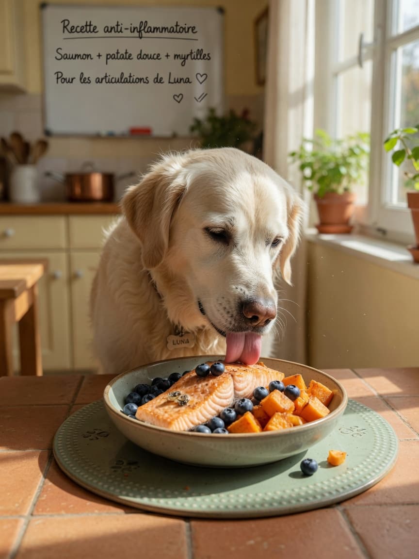 Senior golden retriever eating a nutritious bowl of anti-inflammatory foods including salmon and blueberries in a bright kitchen