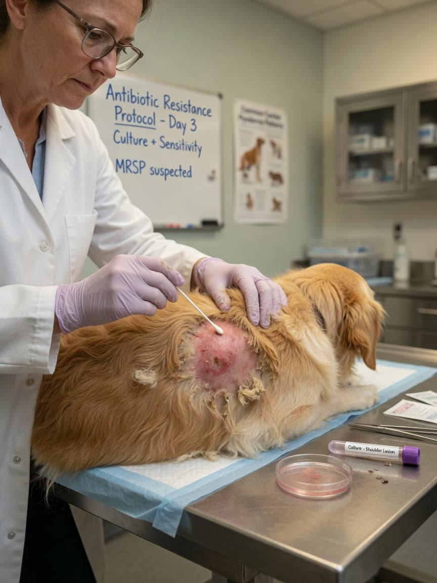 Veterinarian collecting a sample from an infected skin lesion on a dog for culture testing to identify antibiotic-resistant bacteria