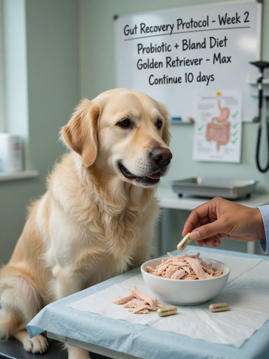 Golden retriever receiving probiotic support during gut health recovery with boiled chicken
