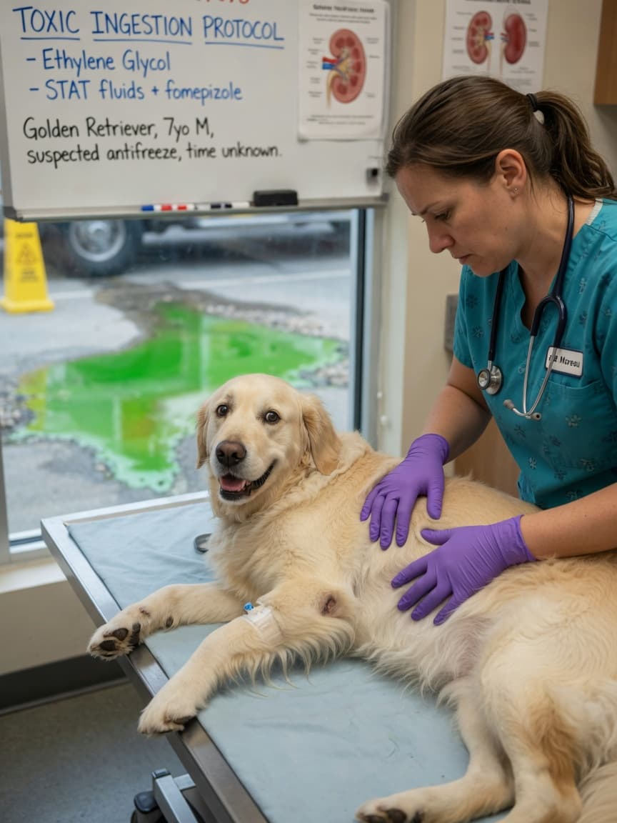 Emergency veterinary examination of a golden retriever suspected of antifreeze poisoning, with vet palpating the dog's abdomen while bright green coolant puddle is visible outside