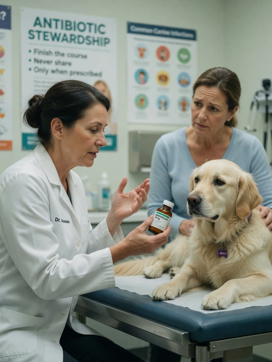 Veterinarian consulting with pet owner about antibiotic use with golden retriever on examination table