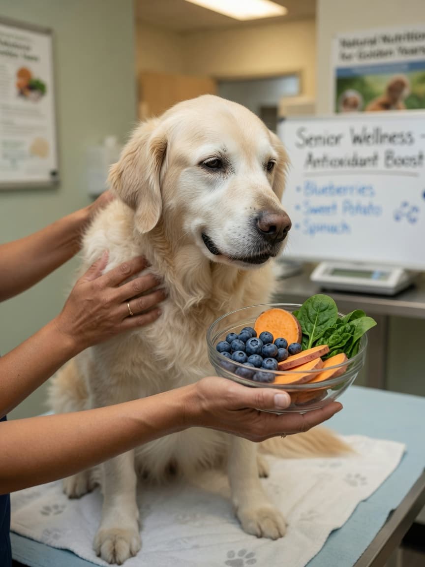 Senior golden retriever on vet table with antioxidant-rich foods including blueberries, sweet potato, and spinach