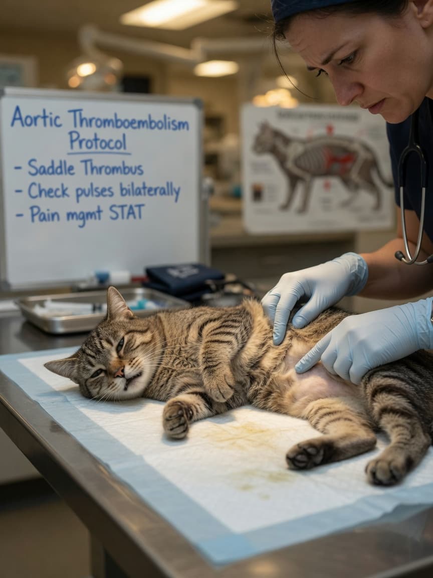 Emergency veterinary examination of a cat with aortic thromboembolism showing pale hind limbs and immobility