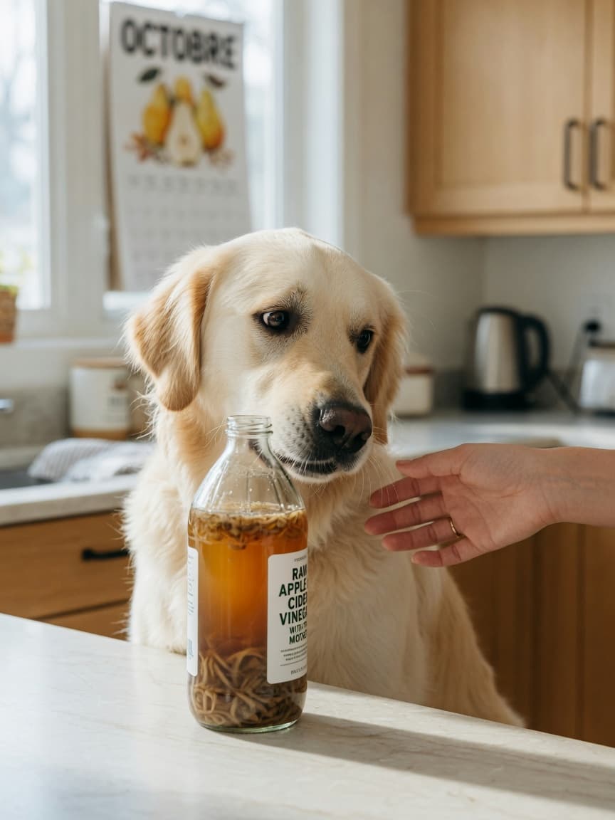 Golden retriever curiously sniffing a bottle of apple cider vinegar on a kitchen counter while owner's hand redirects the dog away